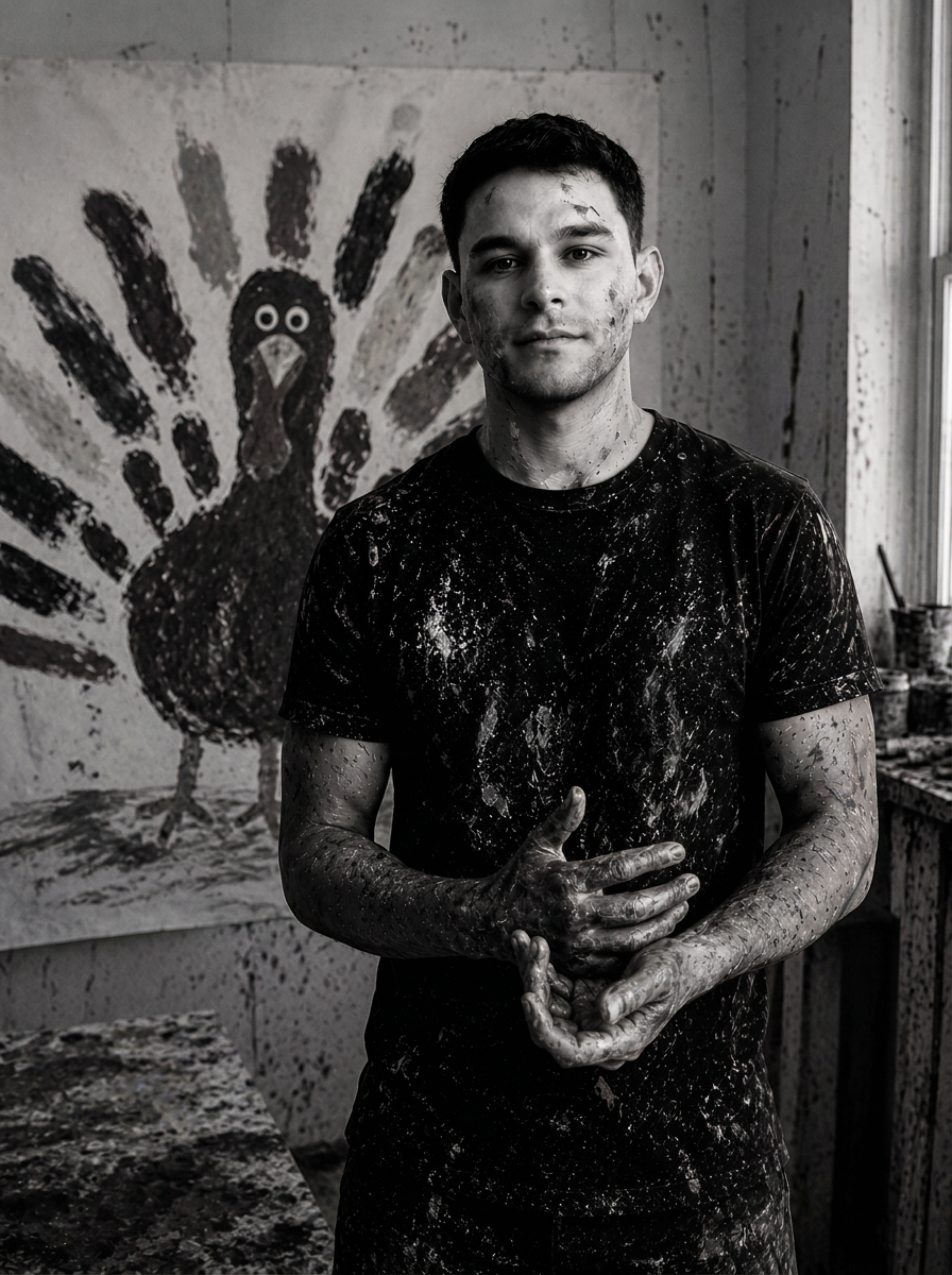 Max Jacobim in the studio, before the turkey (handprint study), 2025